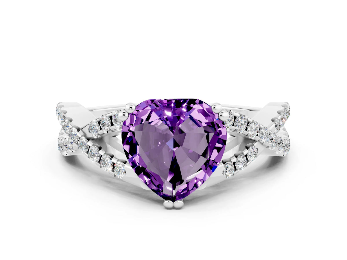 Heart Cut Amethyst Solitaire Ring in Silver with Interwoven Pavé Band and Prong Setting_6