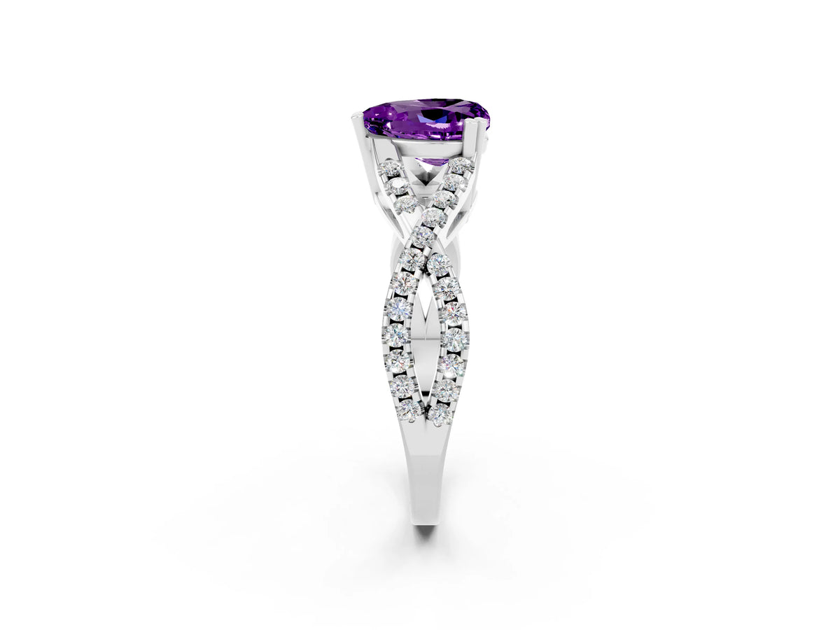 Heart Cut Amethyst Solitaire Ring in Silver with Interwoven Pavé Band and Prong Setting_8