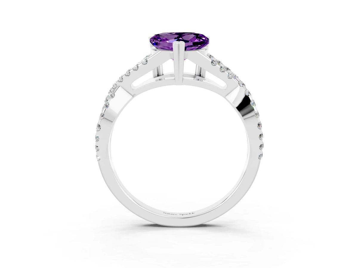 Heart Cut Amethyst Solitaire Ring in Silver with Interwoven Pavé Band and Prong Setting_9