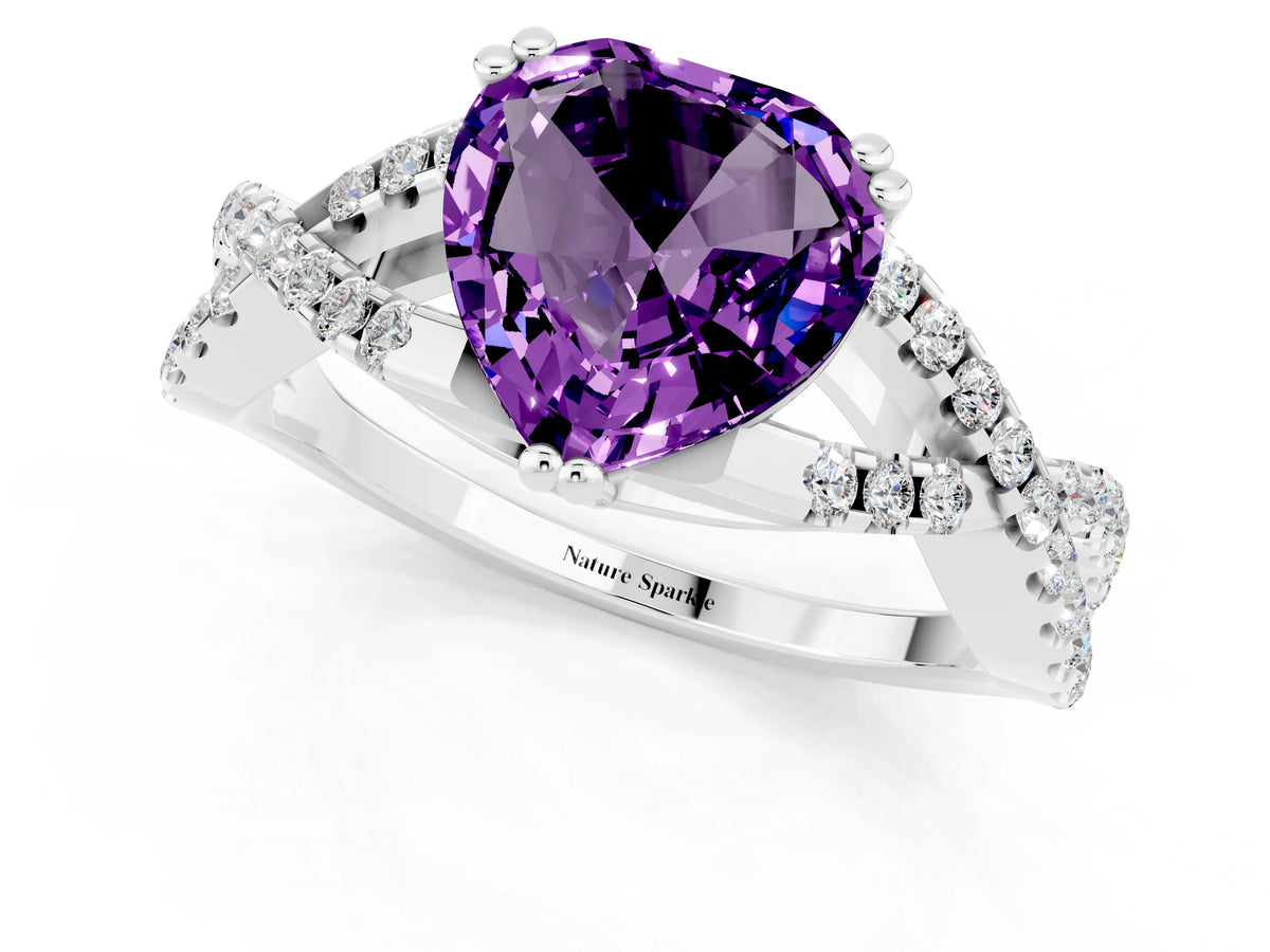 Heart Cut Amethyst Solitaire Ring in White gold with Interwoven Pavé Band and Prong Setting_1