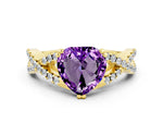 Heart Cut Amethyst Solitaire Ring in Yellow gold with Interwoven Pavé Band and Prong Setting