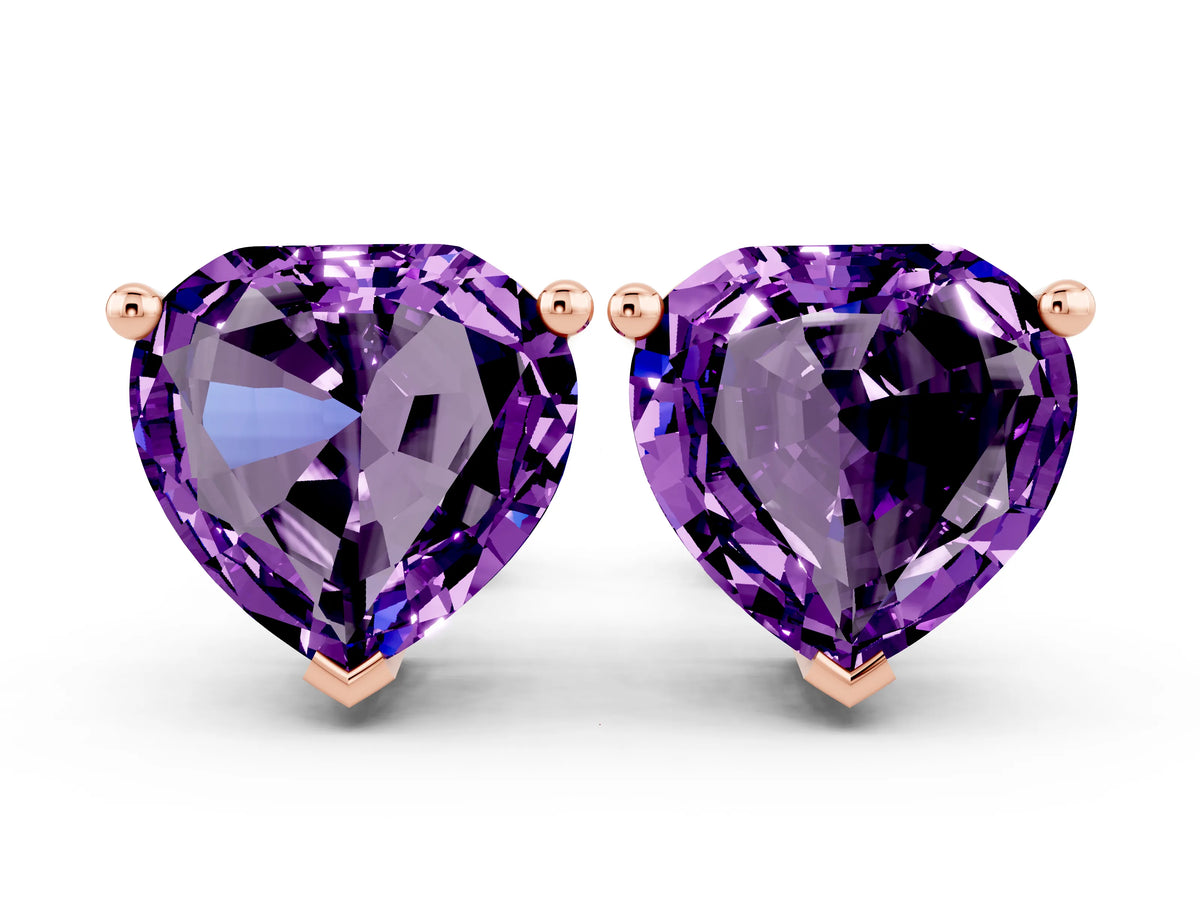Heart Cut Amethyst Stud Earrings in Rose gold with Basket Setting