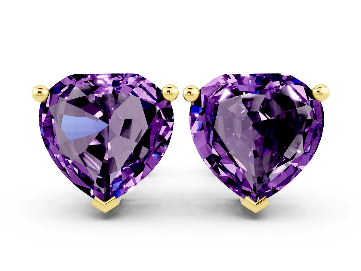 Heart Cut Amethyst Stud Earrings in Yellow gold with Basket Setting