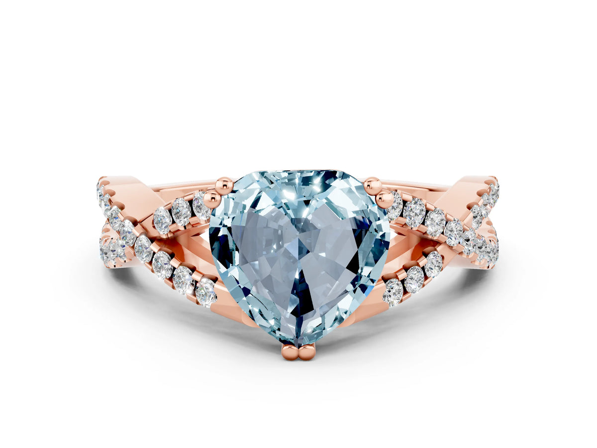 Heart Cut Aquamarine Solitaire Ring in Rose gold with Interwoven Pavé Band and Prong Setting