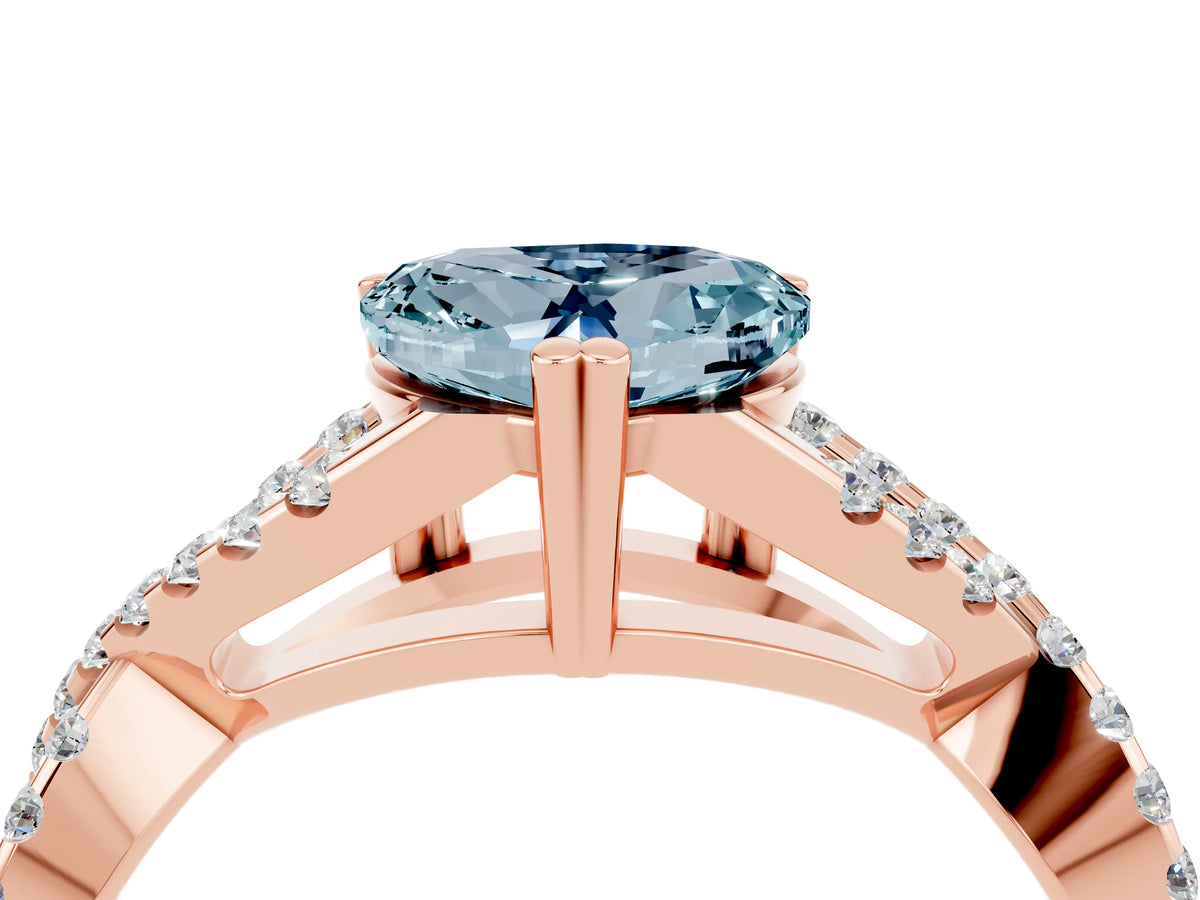 Heart Cut Aquamarine Solitaire Ring in Rose gold with Interwoven Pavé Band and Prong Setting_4