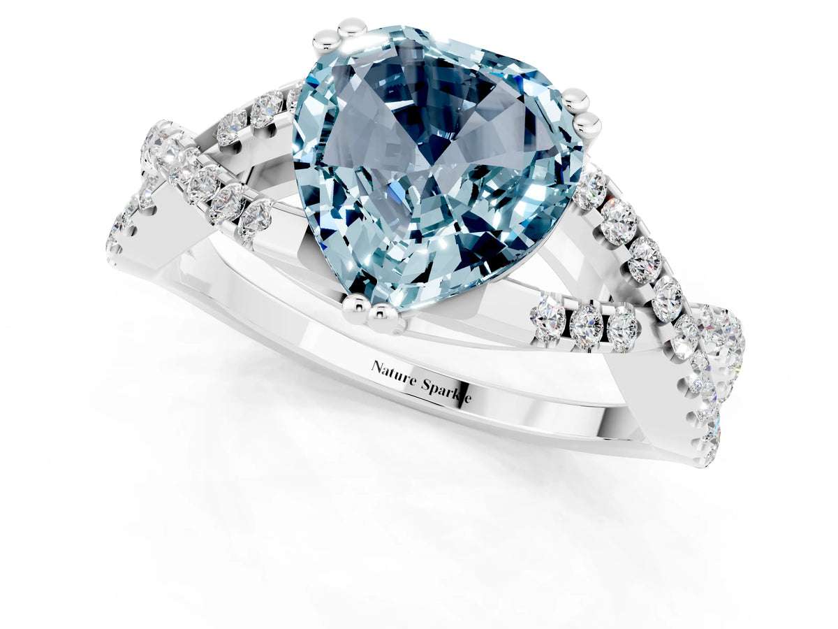 Heart Cut Aquamarine Solitaire Ring in Silver with Interwoven Pavé Band and Prong Setting_7