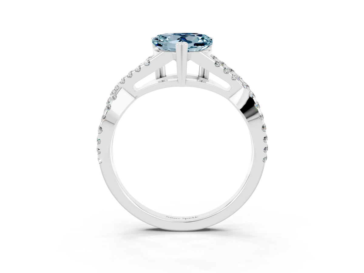 Heart Cut Aquamarine Solitaire Ring in Silver with Interwoven Pavé Band and Prong Setting_9