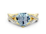 Heart Cut Aquamarine Solitaire Ring in Yellow gold with Interwoven Pavé Band and Prong Setting