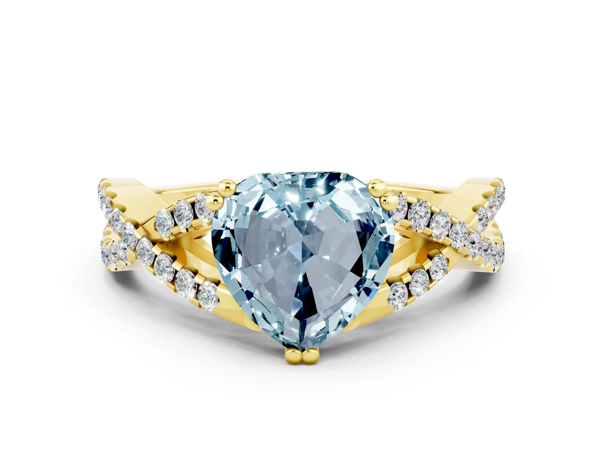 Heart Cut Aquamarine Solitaire Ring in Yellow gold with Interwoven Pavé Band and Prong Setting