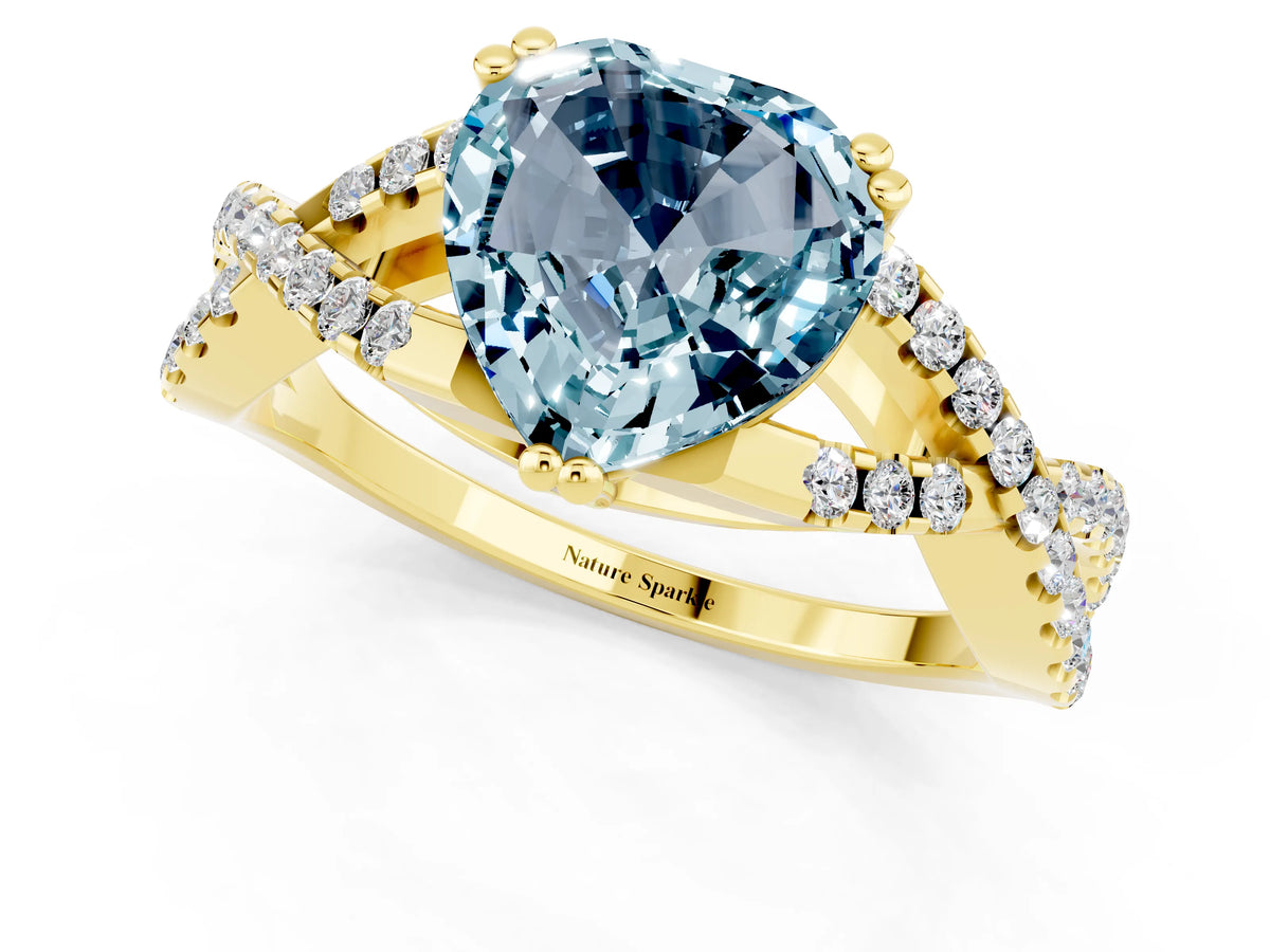 Heart Cut Aquamarine Solitaire Ring in Yellow gold with Interwoven Pavé Band and Prong Setting_1