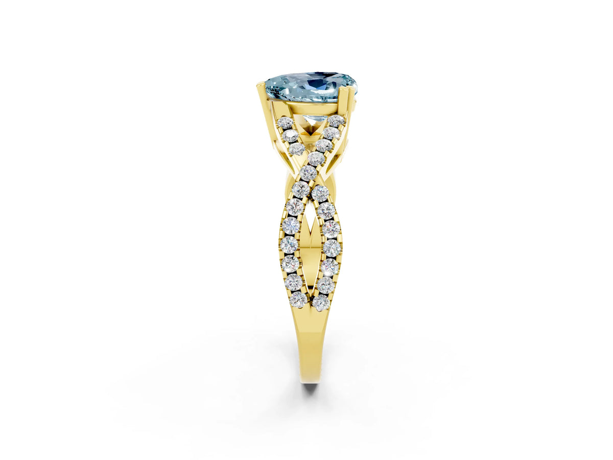 Heart Cut Aquamarine Solitaire Ring in Yellow gold with Interwoven Pavé Band and Prong Setting_2