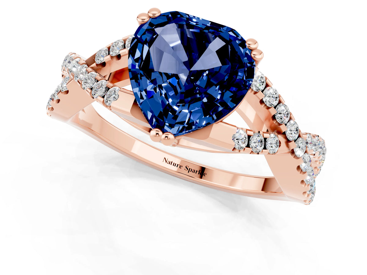 Heart Cut Blue Sapphire Solitaire Ring in Rose gold with Interwoven Pavé Band and Prong Setting_1