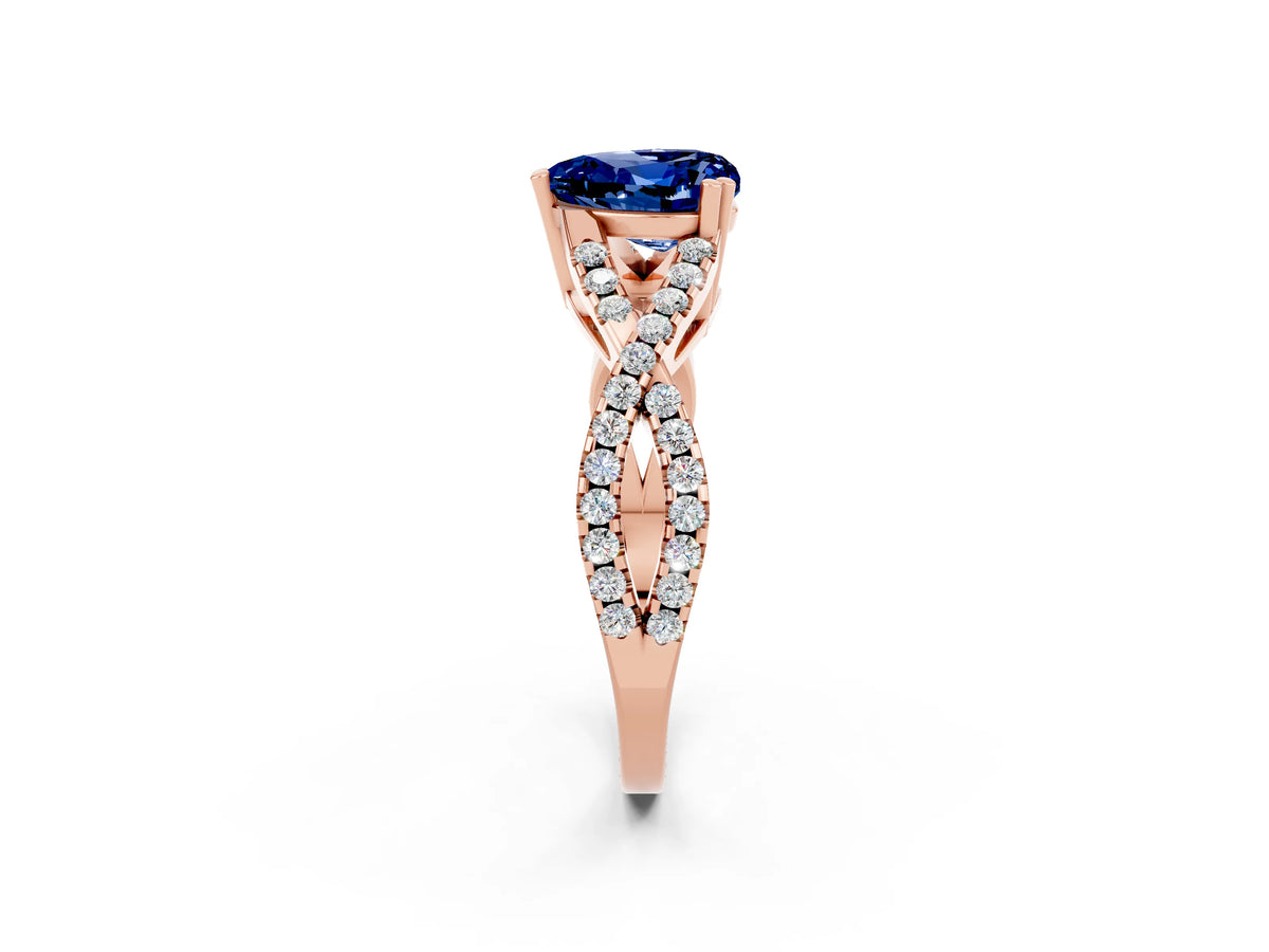 Heart Cut Blue Sapphire Solitaire Ring in Rose gold with Interwoven Pavé Band and Prong Setting_2