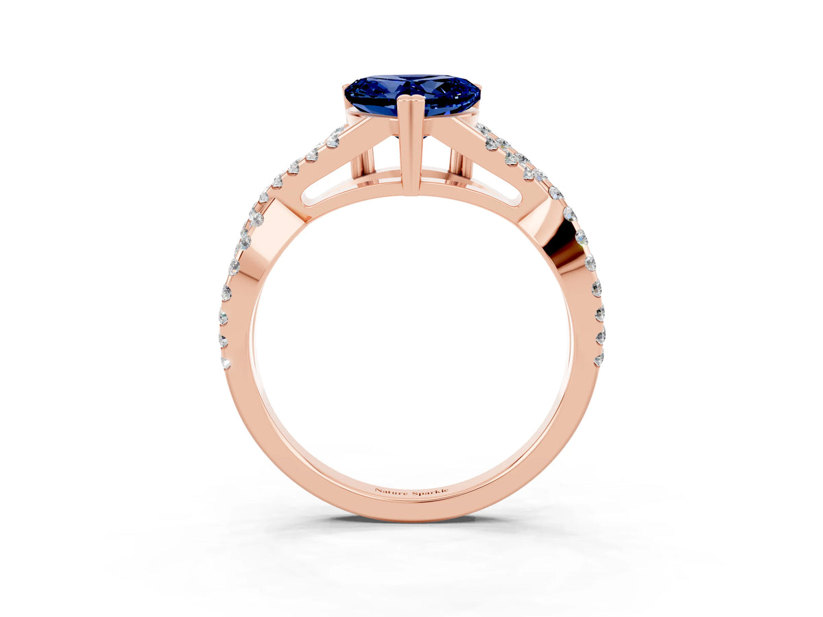 Heart Cut Blue Sapphire Solitaire Ring in Rose gold with Interwoven Pavé Band and Prong Setting_3