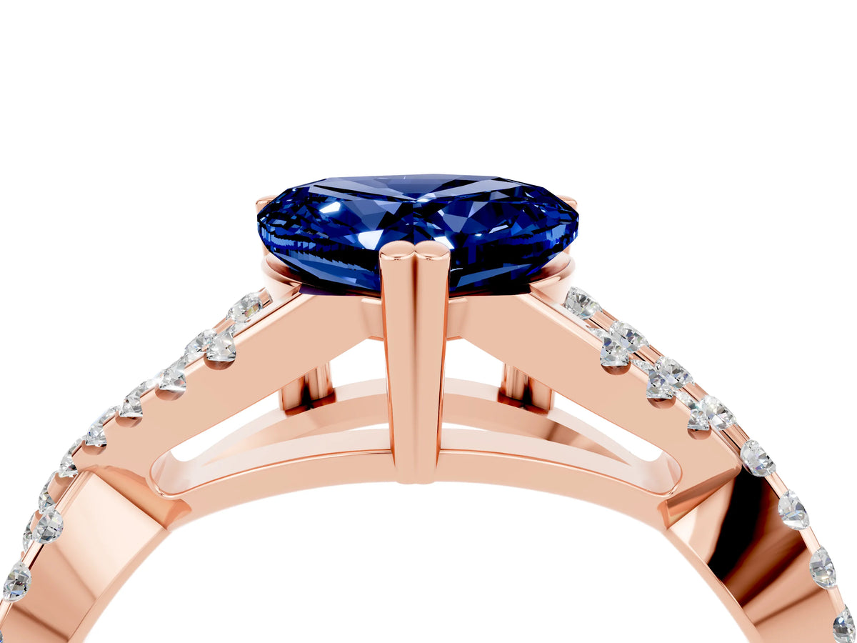 Heart Cut Blue Sapphire Solitaire Ring in Rose gold with Interwoven Pavé Band and Prong Setting_4