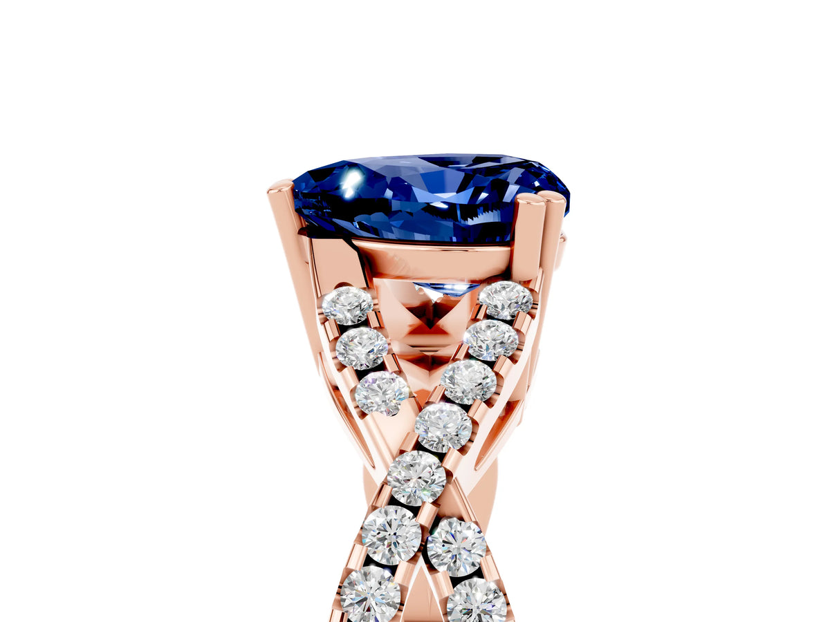 Heart Cut Blue Sapphire Solitaire Ring in Rose gold with Interwoven Pavé Band and Prong Setting_5