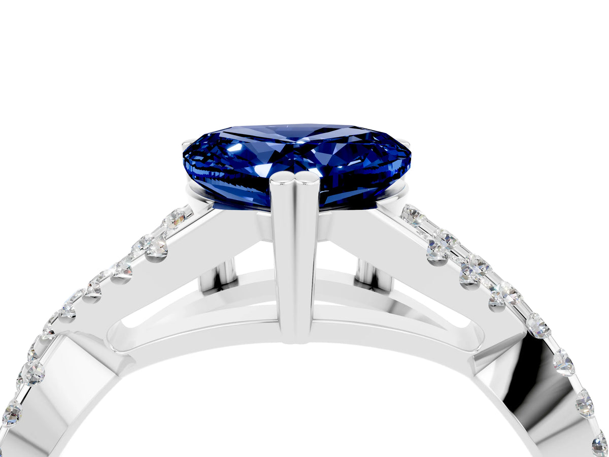 Heart Cut Blue Sapphire Solitaire Ring in Silver with Interwoven Pavé Band and Prong Setting_10