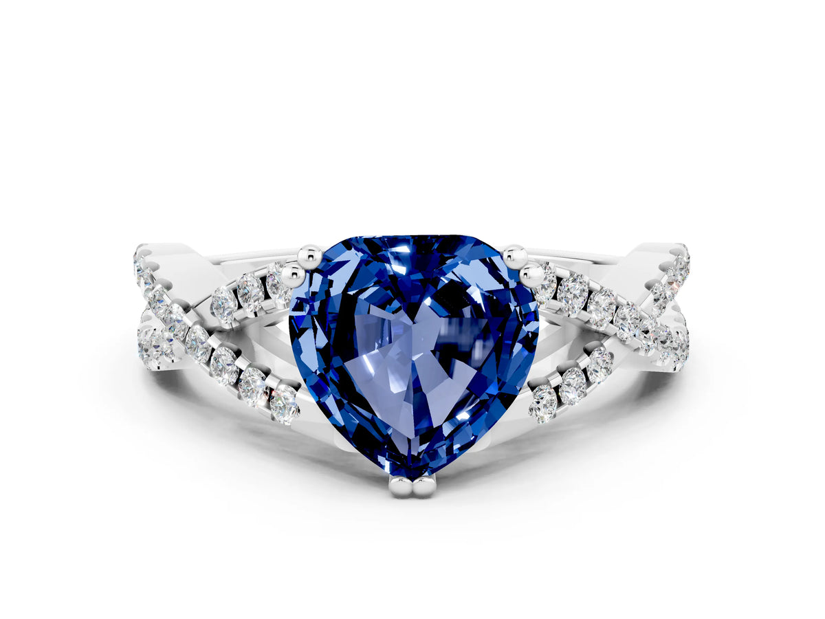 Heart Cut Blue Sapphire Solitaire Ring in Silver with Interwoven Pavé Band and Prong Setting_6