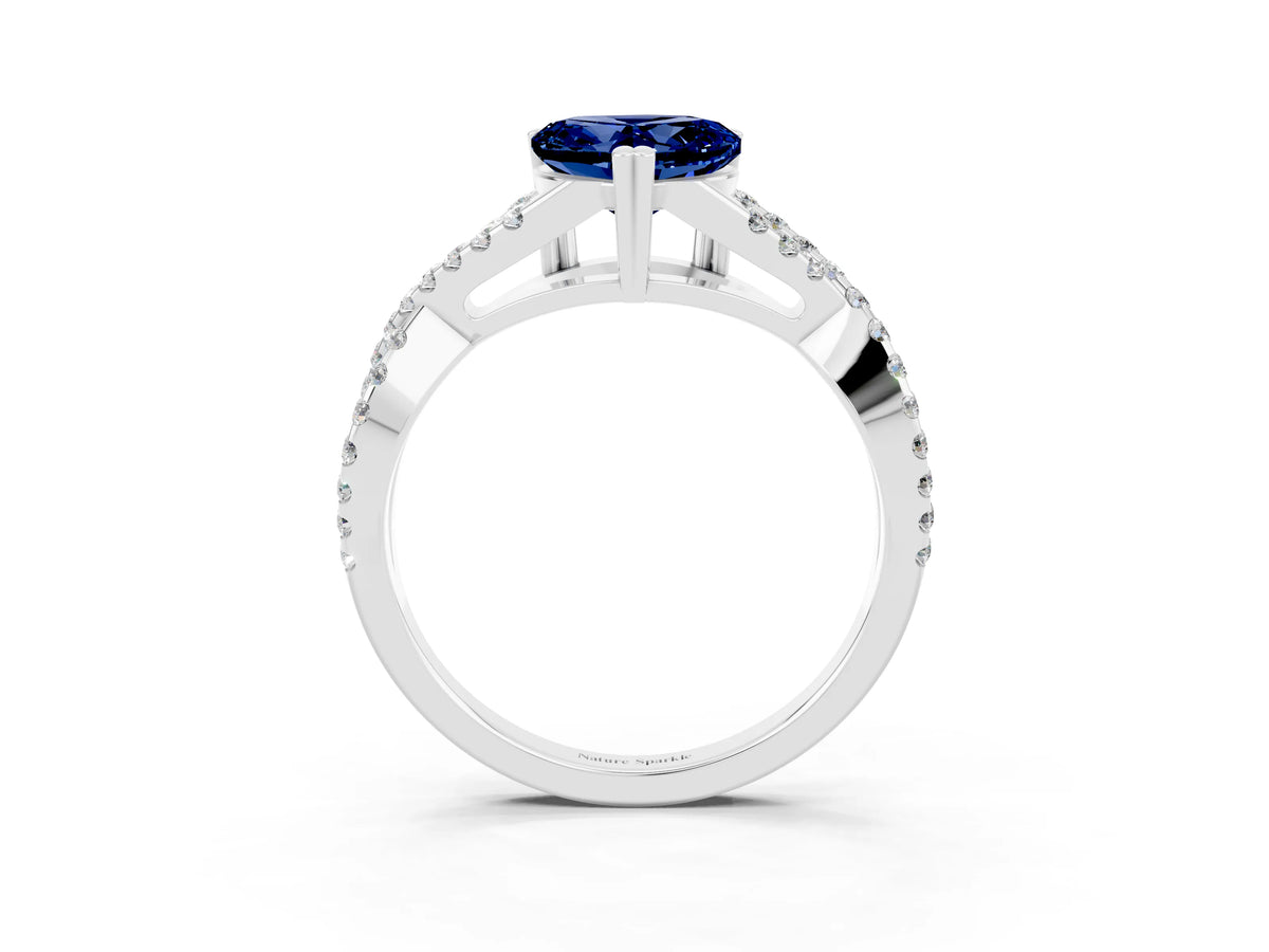 Heart Cut Blue Sapphire Solitaire Ring in Silver with Interwoven Pavé Band and Prong Setting_9