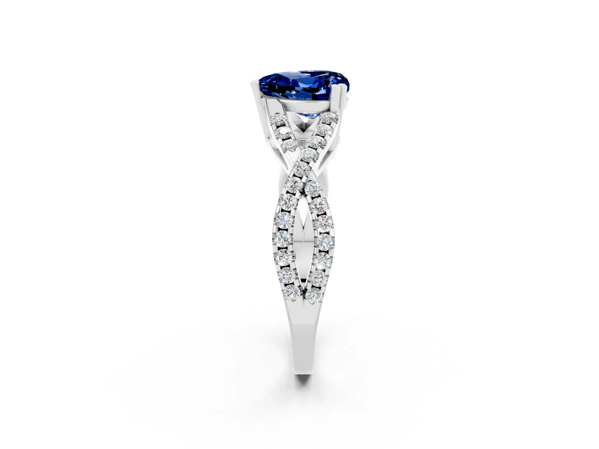 Heart Cut Blue Sapphire Solitaire Ring in White gold with Interwoven Pavé Band and Prong Setting_2