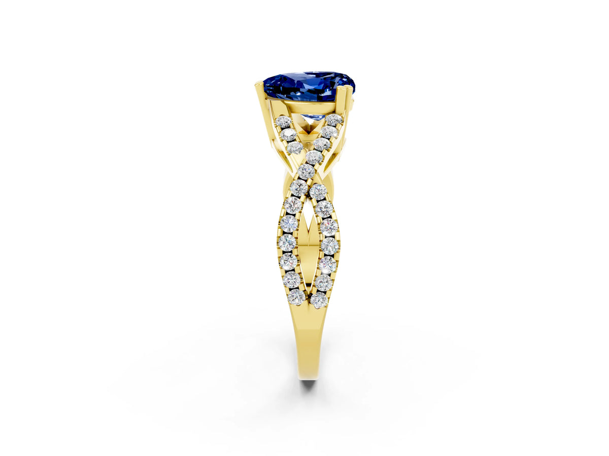 Heart Cut Blue Sapphire Solitaire Ring in Yellow gold with Interwoven Pavé Band and Prong Setting_2
