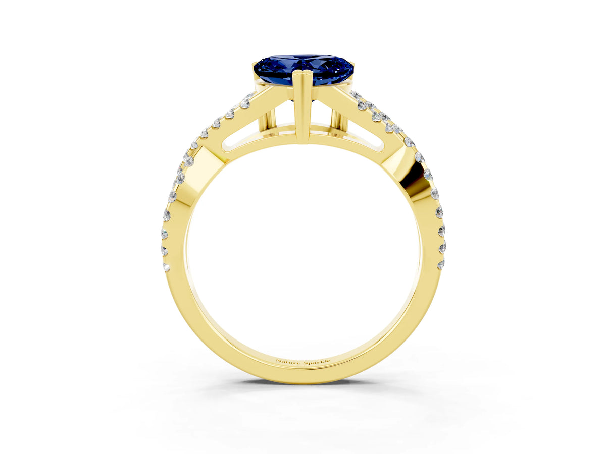 Heart Cut Blue Sapphire Solitaire Ring in Yellow gold with Interwoven Pavé Band and Prong Setting_3
