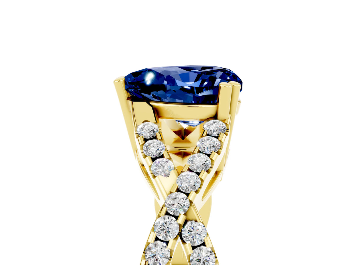 Heart Cut Blue Sapphire Solitaire Ring in Yellow gold with Interwoven Pavé Band and Prong Setting_5