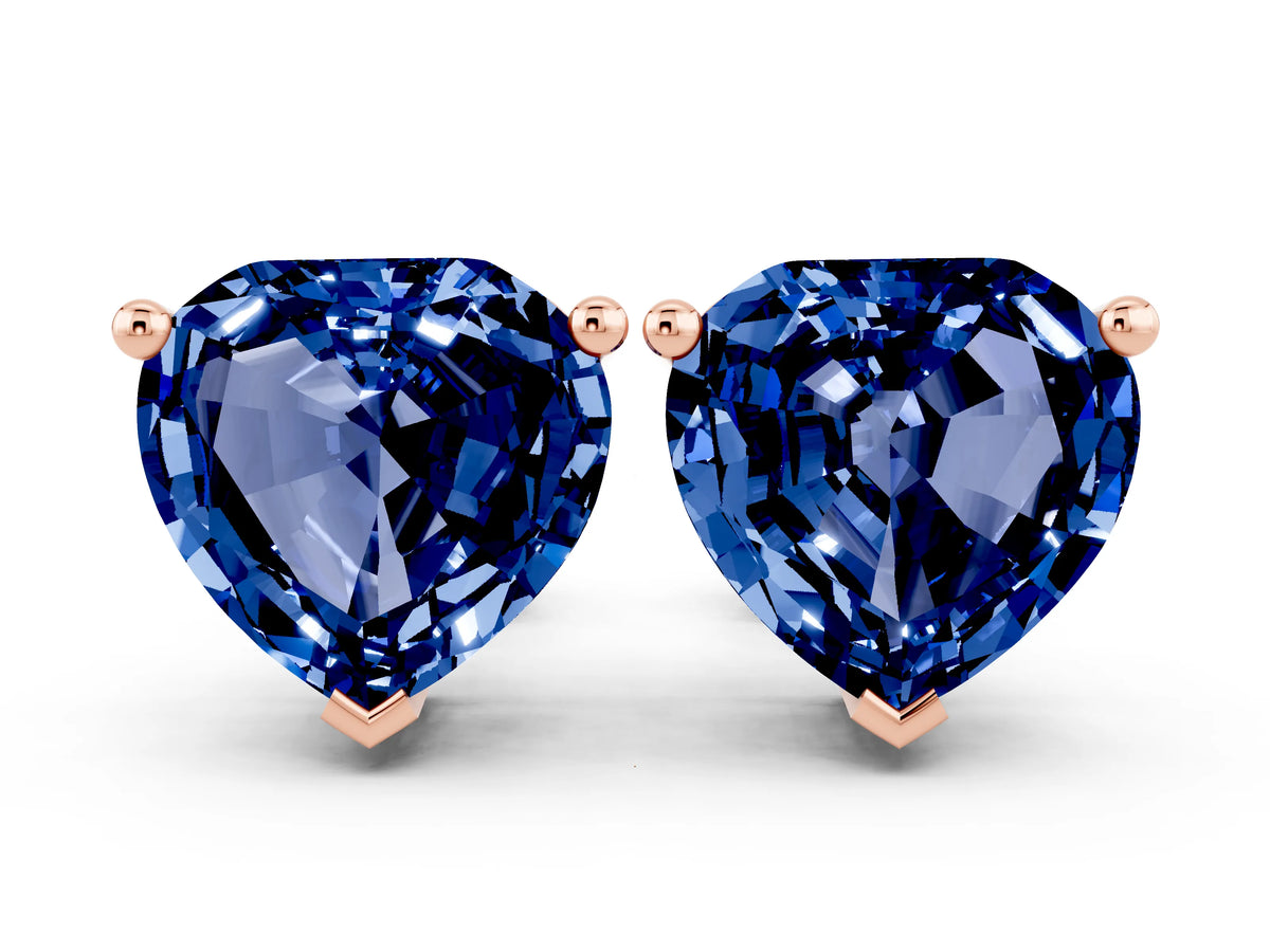 Heart Cut Blue Sapphire Stud Earrings in Rose gold with Basket Setting