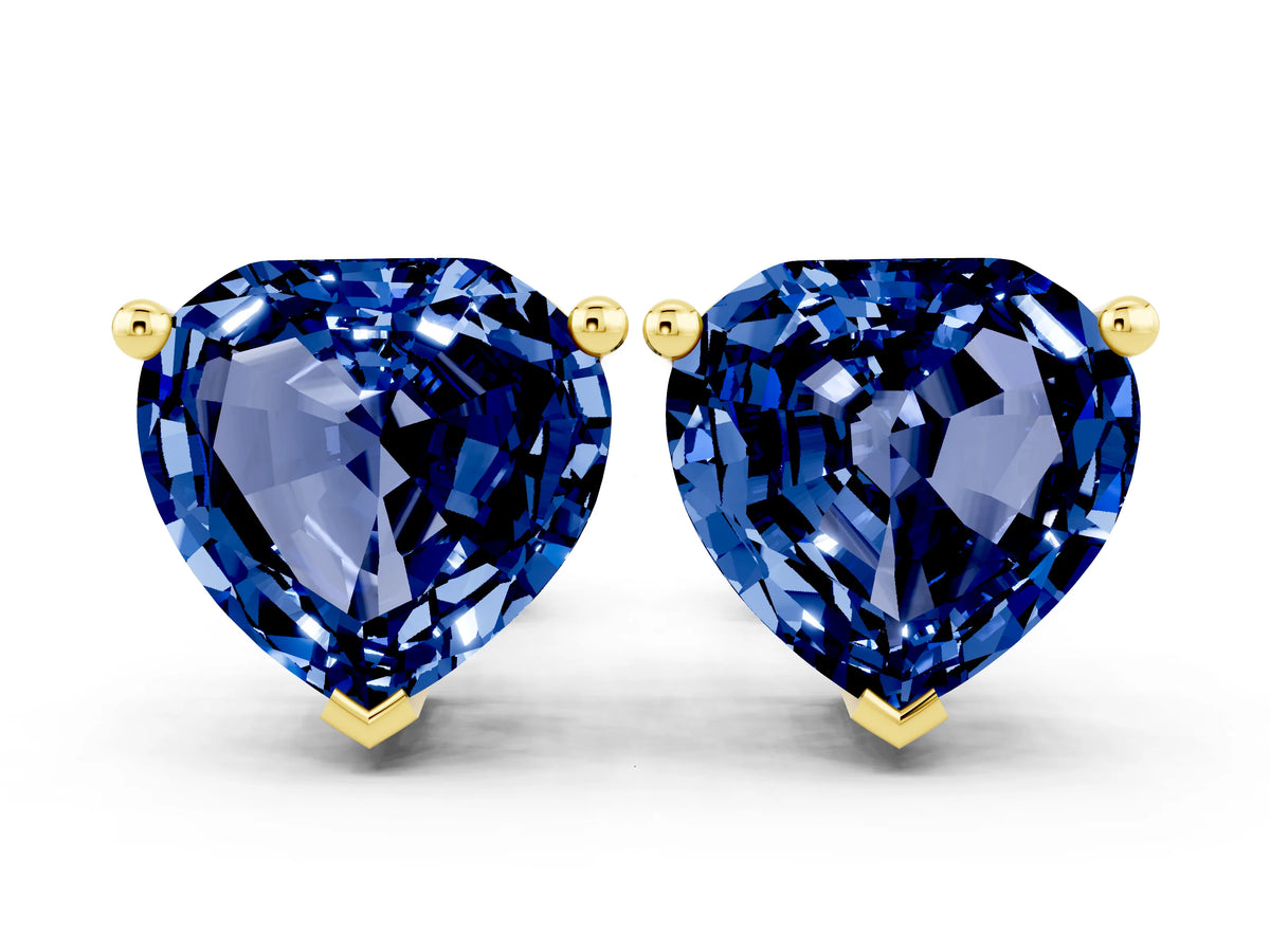 Heart Cut Blue Sapphire Stud Earrings in Yellow gold with Basket Setting