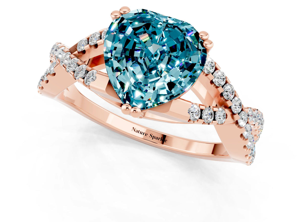 Heart Cut Blue Topaz Solitaire Ring in Rose gold with Interwoven Pavé Band and Prong Setting_1