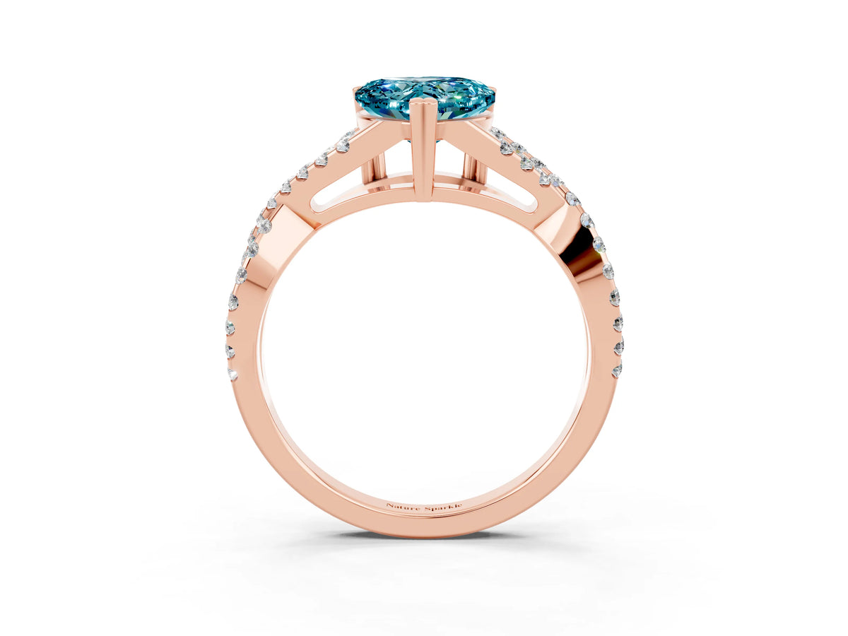 Heart Cut Blue Topaz Solitaire Ring in Rose gold with Interwoven Pavé Band and Prong Setting_3