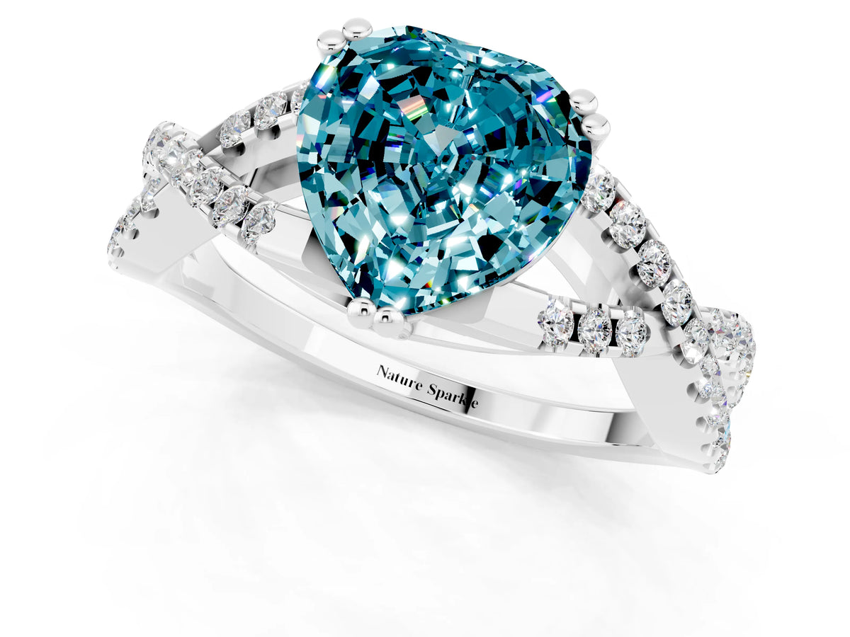 Heart Cut Blue Topaz Solitaire Ring in White gold with Interwoven Pavé Band and Prong Setting_1