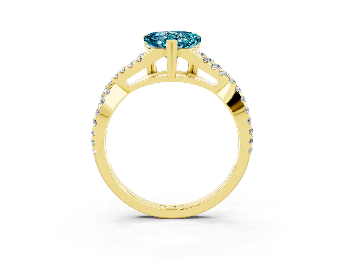 Heart Cut Blue Topaz Solitaire Ring in Yellow gold with Interwoven Pavé Band and Prong Setting_3