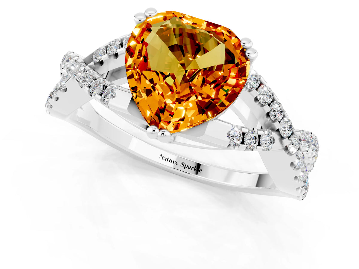 Heart Cut Citrine Solitaire Ring in White gold with Interwoven Pavé Band and Prong Setting_1