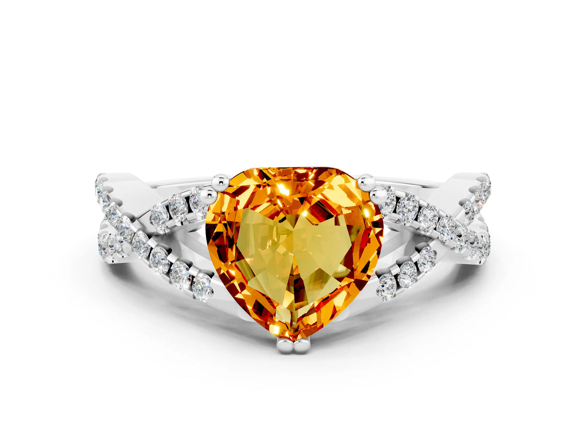 Heart Cut Citrine Solitaire Ring in White gold with Interwoven Pavé Band and Prong Setting