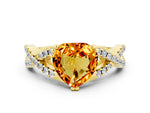 Heart Cut Citrine Solitaire Ring in Yellow gold with Interwoven Pavé Band and Prong Setting