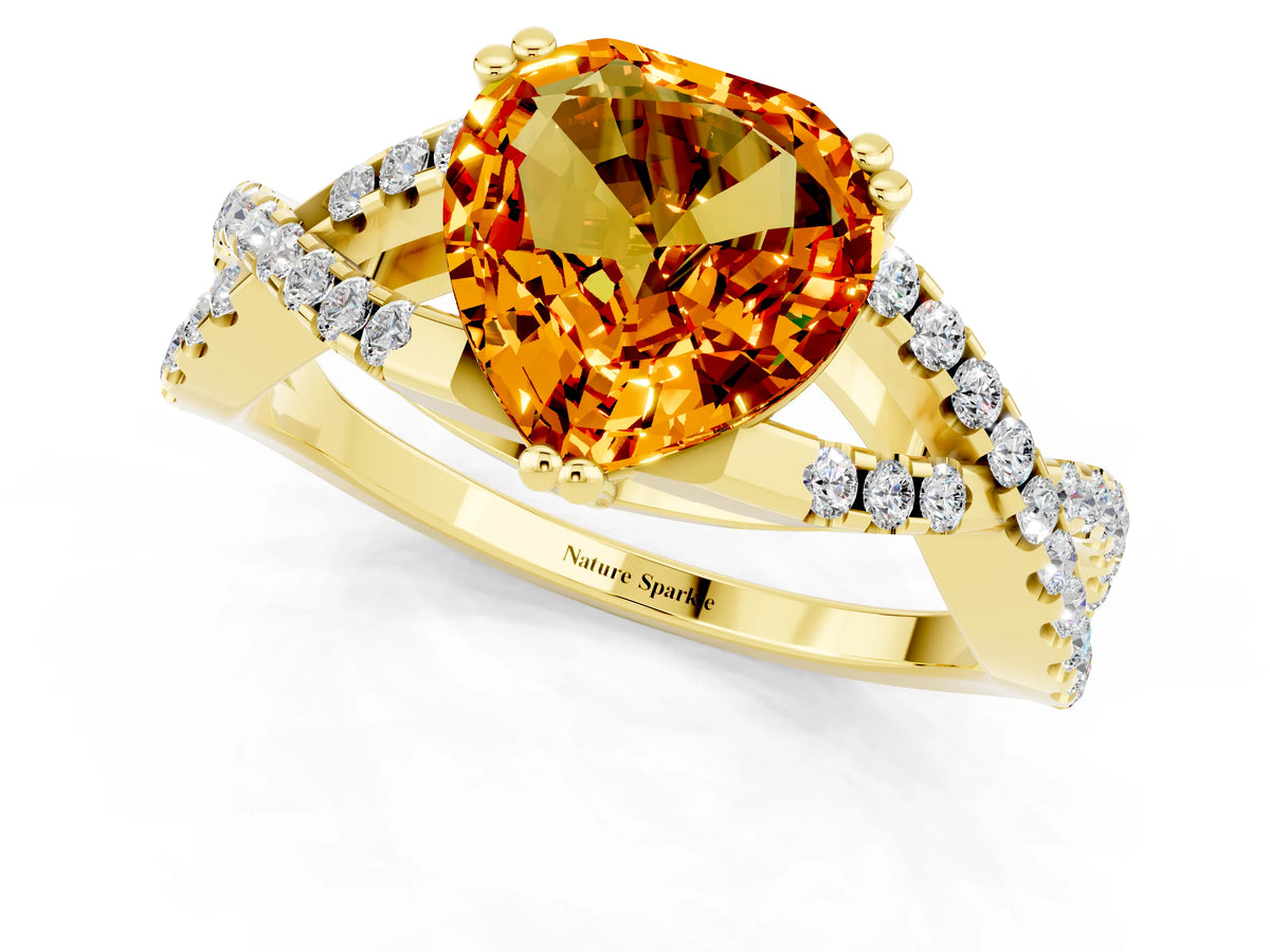 Heart Cut Citrine Solitaire Ring in Yellow gold with Interwoven Pavé Band and Prong Setting_1