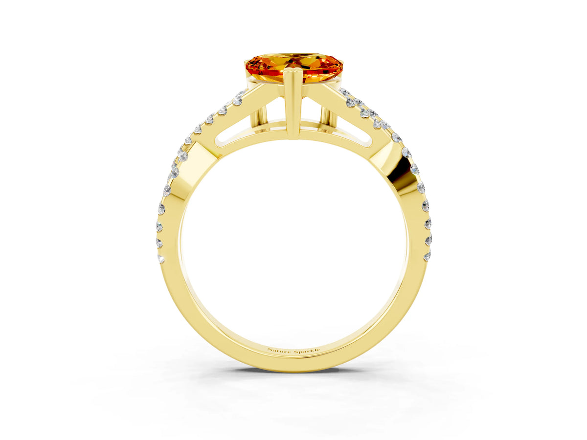 Heart Cut Citrine Solitaire Ring in Yellow gold with Interwoven Pavé Band and Prong Setting_3