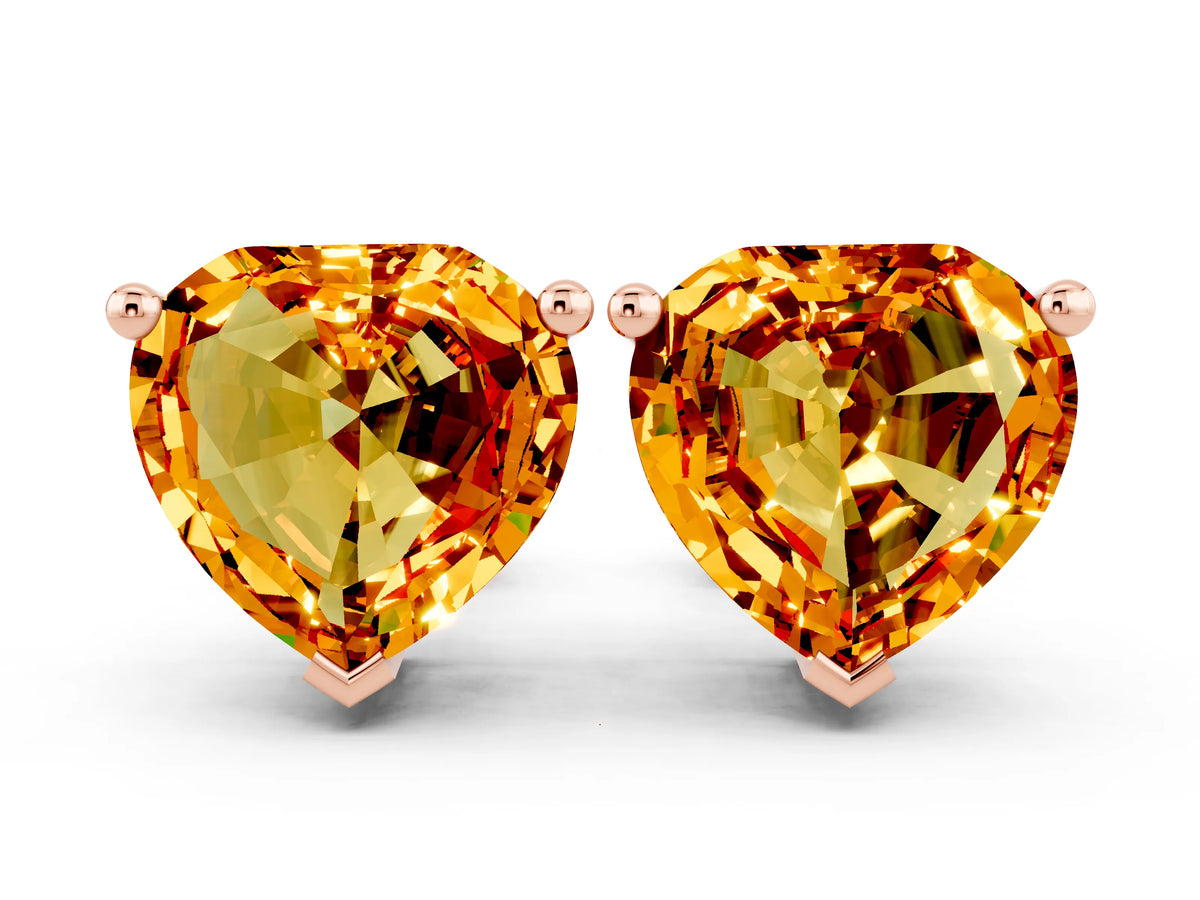 Heart Cut Citrine Stud Earrings in Rose gold with Basket Setting