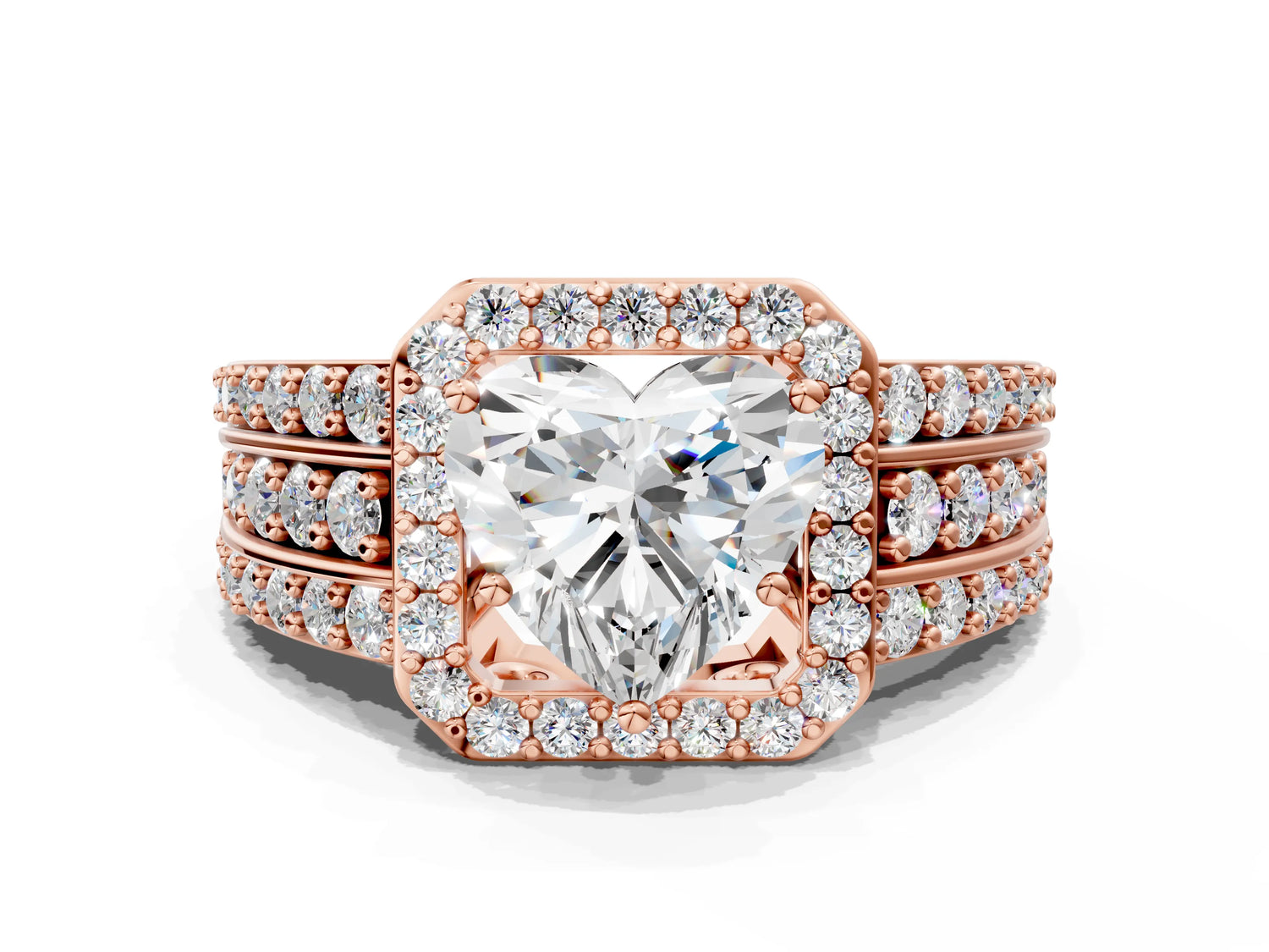 Heart Cut Diamond Halo Engagement Ring in Rose gold with Triple-Row Round Band_18
