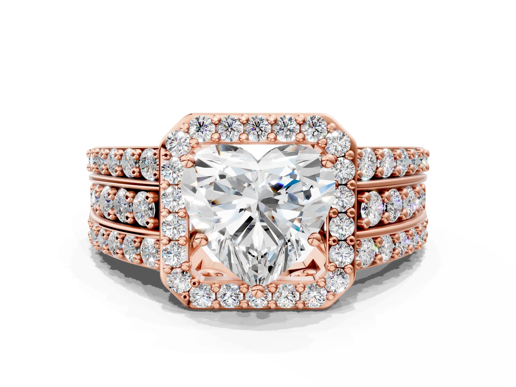 Heart Cut Diamond Halo Engagement Ring in Rose gold with Triple-Row Round Band_18