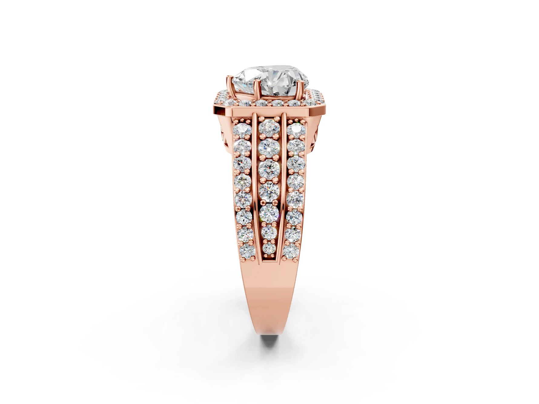 Heart Cut Diamond Halo Engagement Ring in Rose gold with Triple-Row Round Band_20