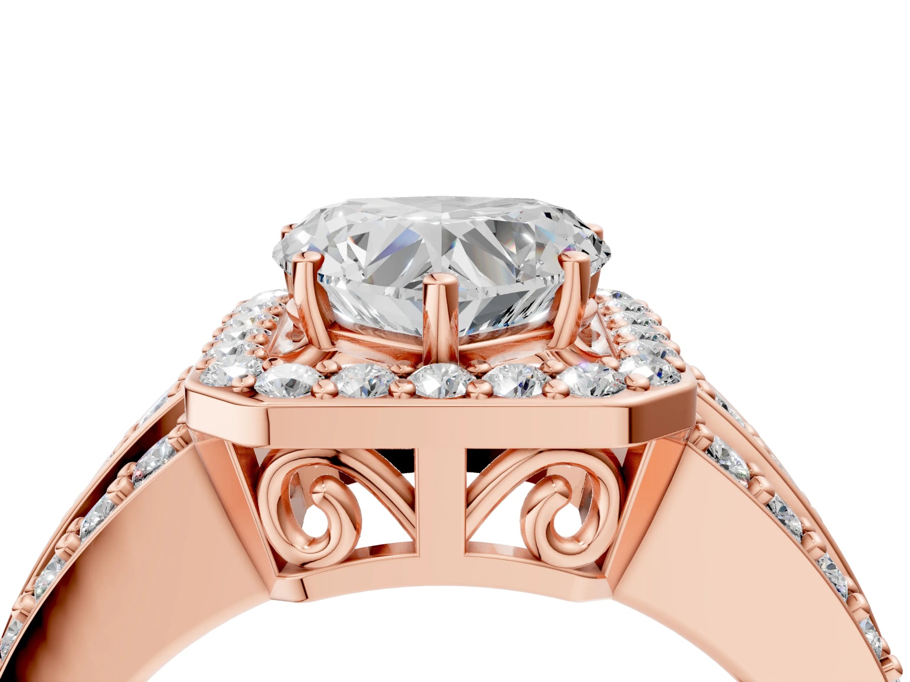 Heart Cut Diamond Halo Engagement Ring in Rose gold with Triple-Row Round Band_22