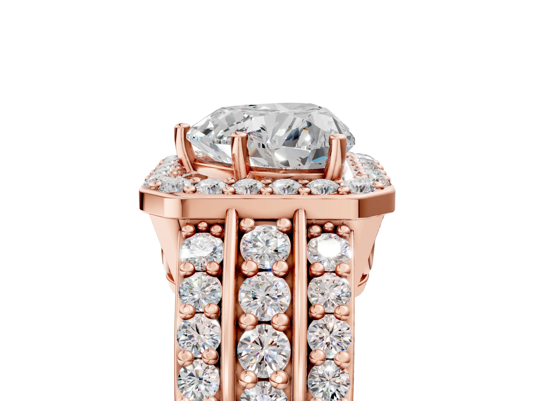 Heart Cut Diamond Halo Engagement Ring in Rose gold with Triple-Row Round Band_23