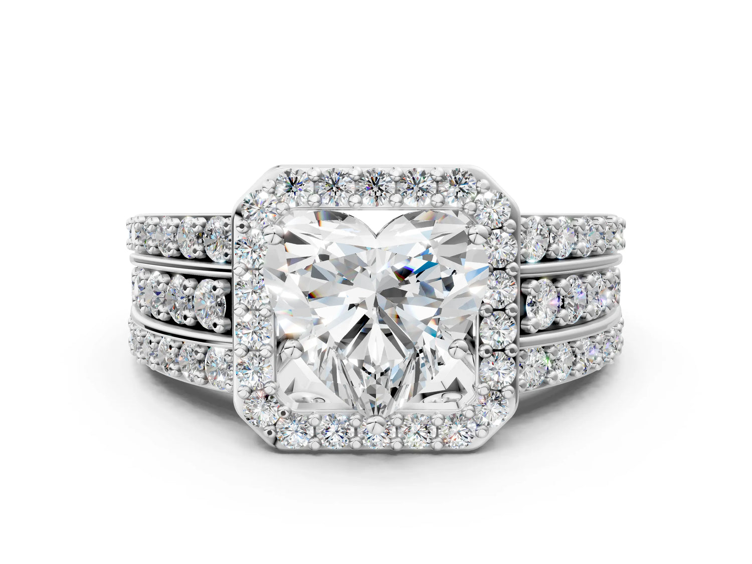 Heart Cut Diamond Halo Engagement Ring in White gold with Triple-Row Round Band_18