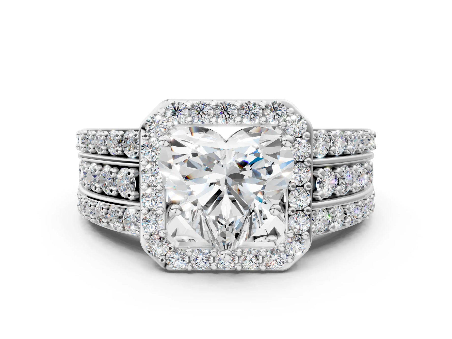 Heart Cut Diamond Halo Engagement Ring in White gold with Triple-Row Round Band_18