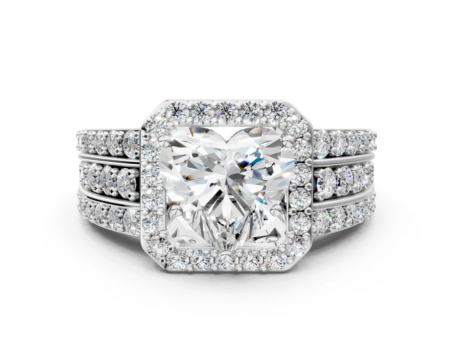 Heart Cut Diamond Halo Engagement Ring in Platinum with Triple-Row Round Band