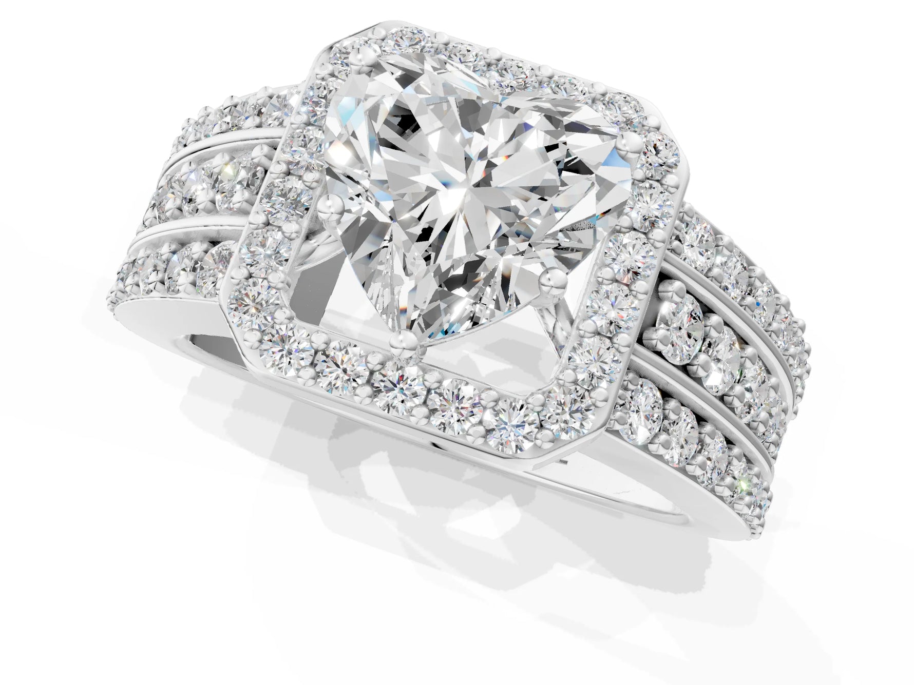 Heart Cut Diamond Halo Engagement Ring in White gold with Triple-Row Round Band_19