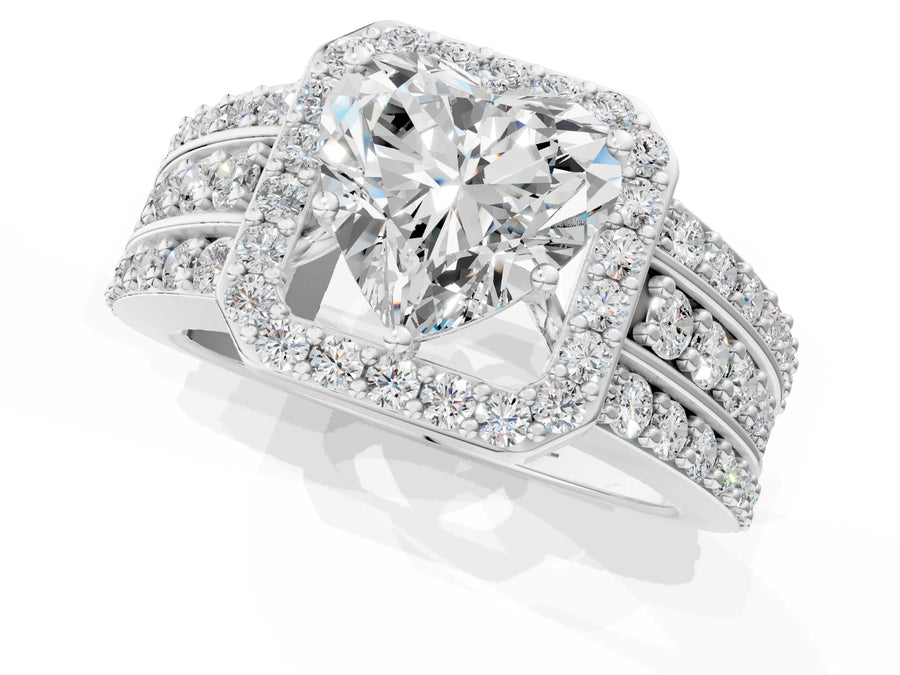 Heart Cut Diamond Halo Engagement Ring in Silver with Triple-Row Round Band