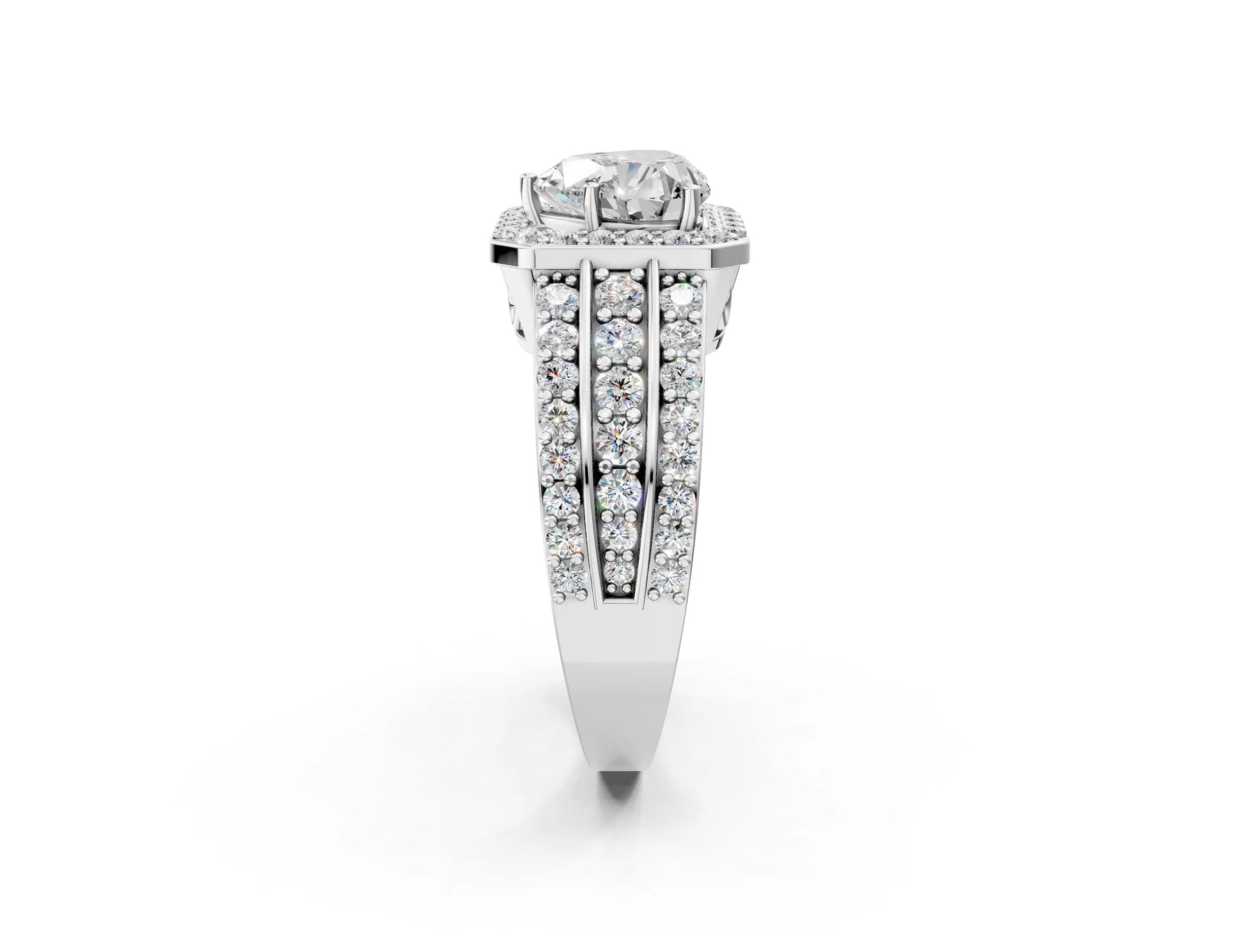 Heart Cut Diamond Halo Engagement Ring in White gold with Triple-Row Round Band_20